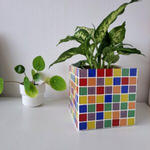 Double use multicolored glass tile cube, use as platform or plant pot