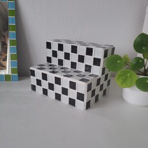 Tiled organiser stand, checkered black and white glass tiles