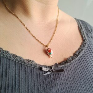 Gold stainless steel necklace with red tulip and pearl