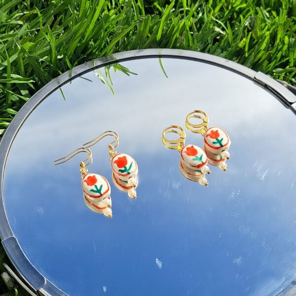 20240407_151328 Gold stainless steel earrings with red tulips painted porcelain charms and small pearl
