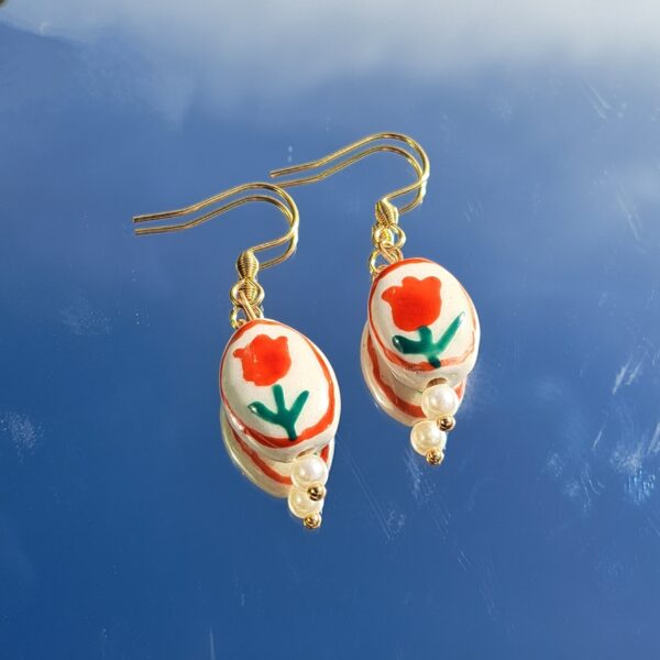 20240407_151340~2 Gold stainless steel earrings with red tulips painted porcelain charms and small pearl
