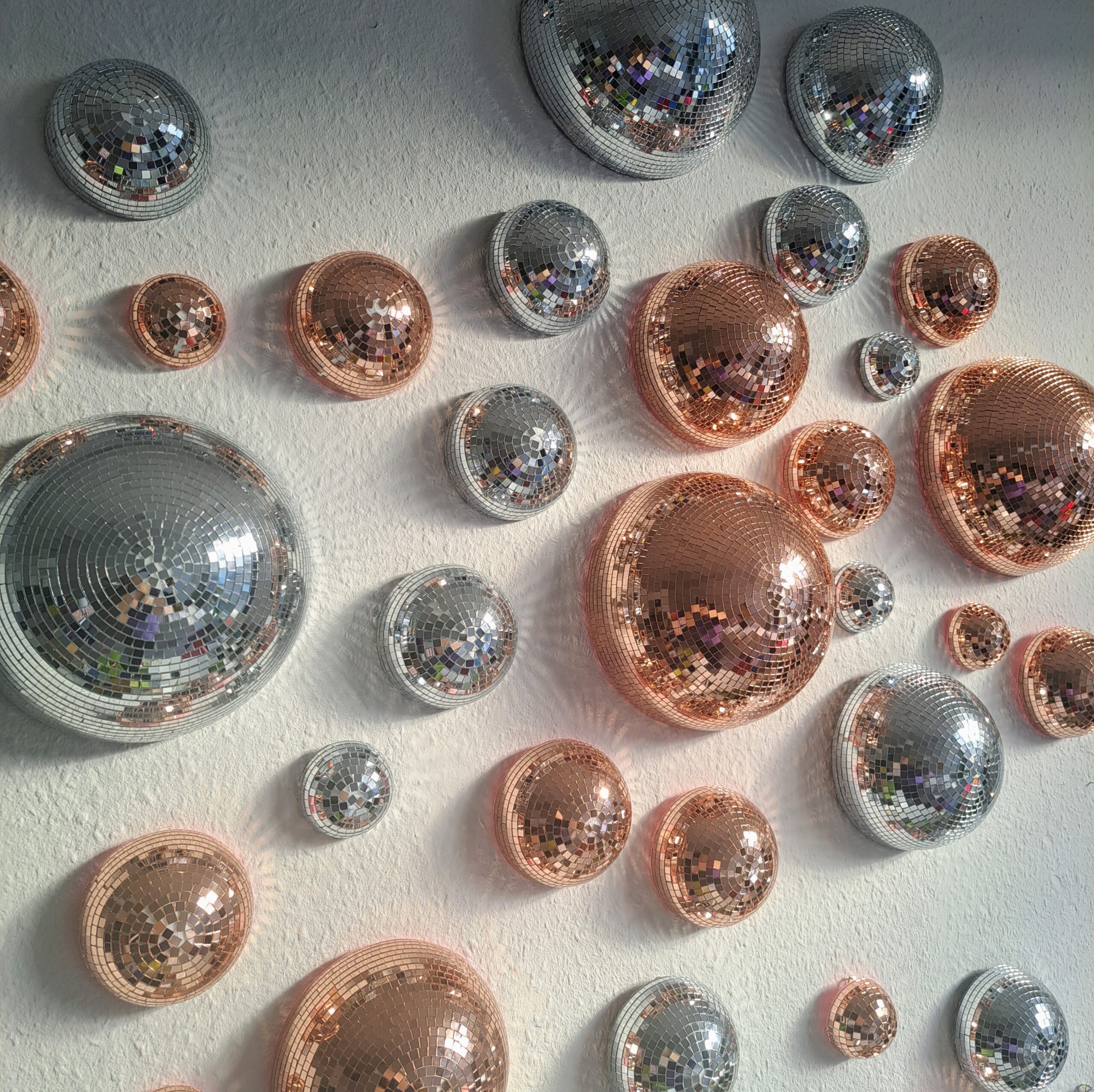Disco ball wall hangers, pink/rose gold or silver mirror tiles